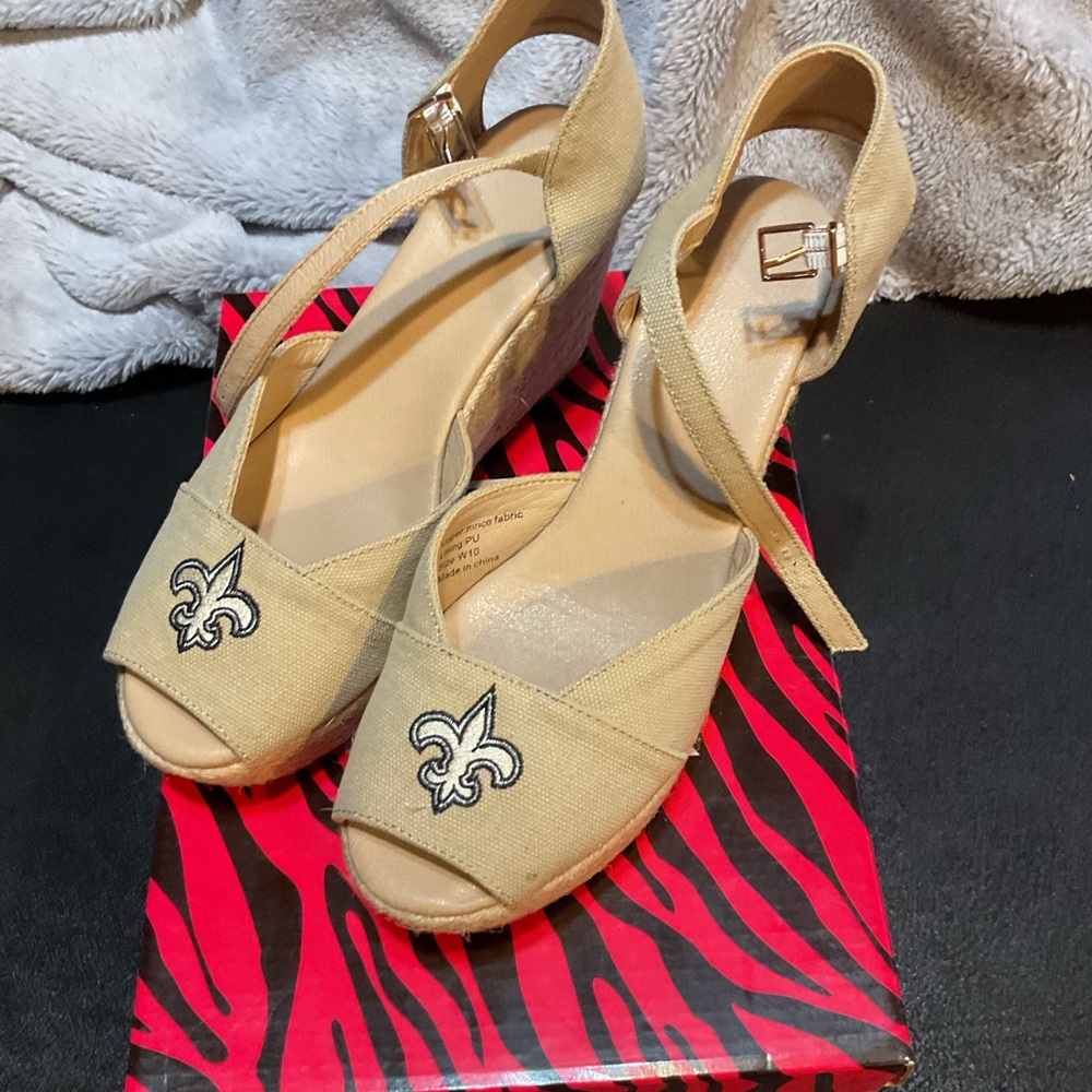New Orleans Saints NFL Cream Wedge Shoes with T-Strap Design
